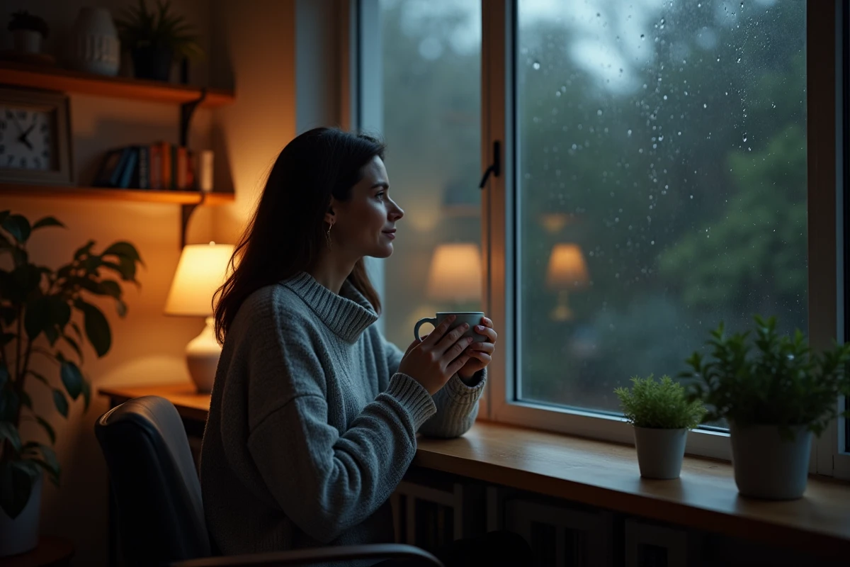 Femme pensive près d'une fenêtre nocturne à 22h55, tenant une tasse, évoquant la connexion spirituelle avec sa flamme jumelle