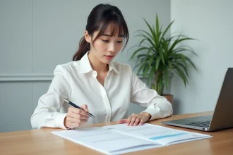 Femme professionnelle planifiant son organisation annuelle avec un calendrier imprimé 2026 sur un bureau moderne