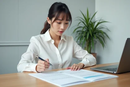 Femme professionnelle planifiant son organisation annuelle avec un calendrier imprimé 2026 sur un bureau moderne