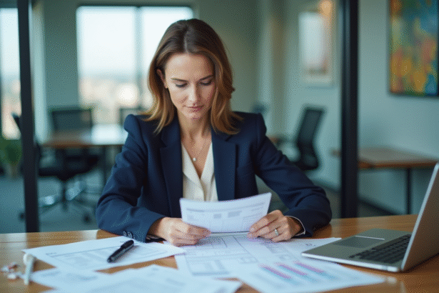 Femme en blazer navy examine des documents de paie dans un bureau