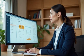 Femme professionnelle utilisant un tableau de bord numérique sur son ordinateur dans un bureau à domicile moderne