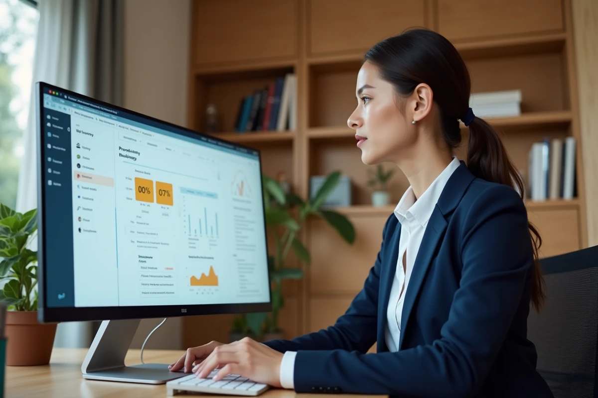Femme professionnelle utilisant un tableau de bord numérique sur son ordinateur dans un bureau à domicile moderne