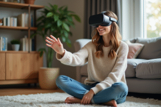 Femme en réalité virtuelle dans un salon chaleureux