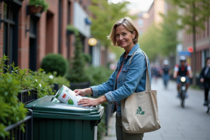 Femme en jean recyclant dans une ville verte