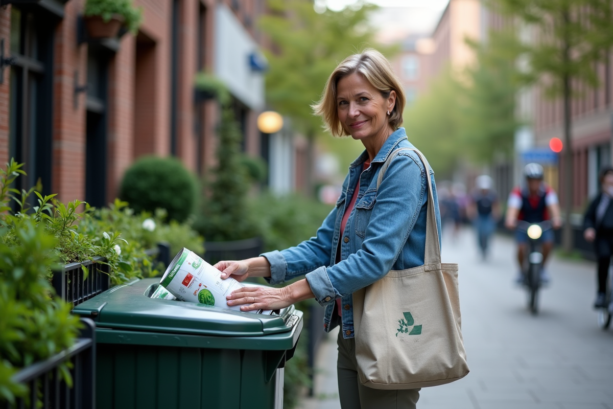 Femme en jean recyclant dans une ville verte