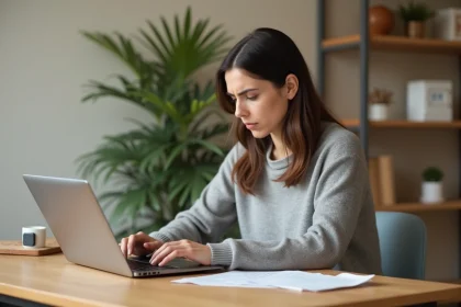 Femme rédigeant un mail au service client Darty depuis son bureau à domicile avec un ordinateur portable