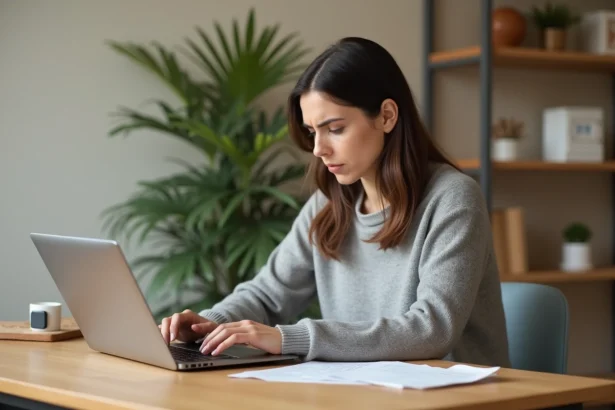 Femme rédigeant un mail au service client Darty depuis son bureau à domicile avec un ordinateur portable