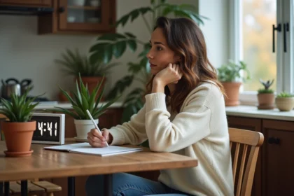 Femme pensant dans une cuisine chaleureuse et lumineuse