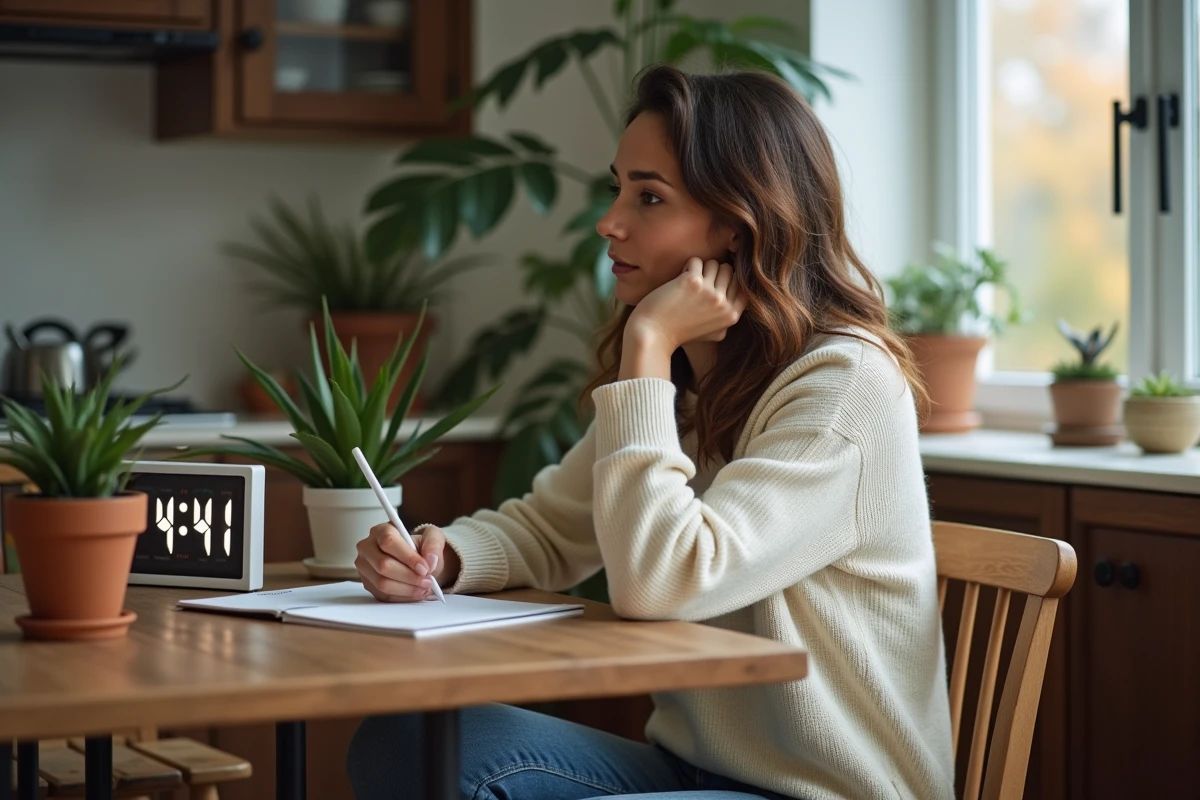 Femme pensant dans une cuisine chaleureuse et lumineuse