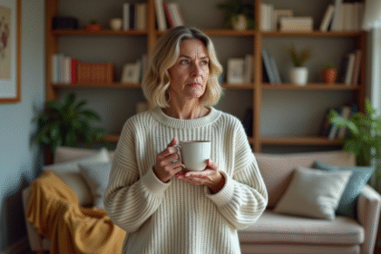 Femme réfléchie dans un salon moderne automnal