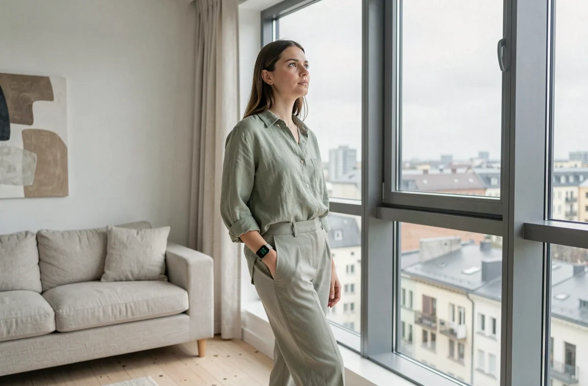 Jeune femme pensive près d'une fenêtre dans un appartement scandinave, montre connectée affichant 16h16 au poignet
