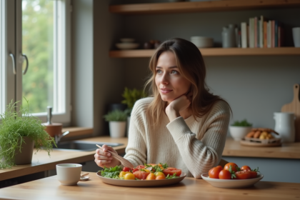 Femme assise à une table de cuisine moderne dégustant un repas coloré