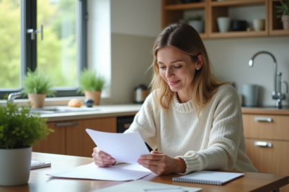 Femme d'une quarantaine relisant des documents dans la cuisine