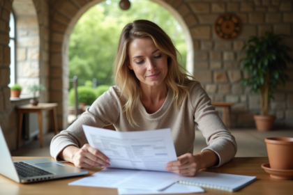 Femme d'âge moyen examinant ses documents fiscaux à la maison