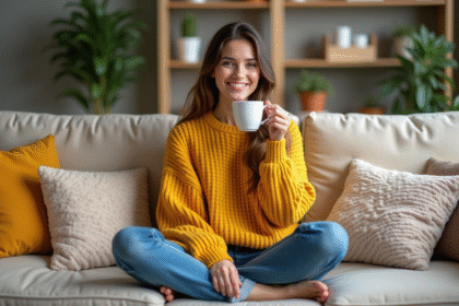 Femme souriante en pull jaune dans un salon cosy