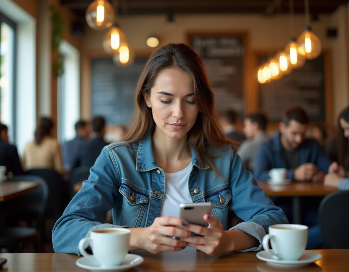 Une femme consulte son smartphone dans un café pour trouver le lien Faljam actuel
