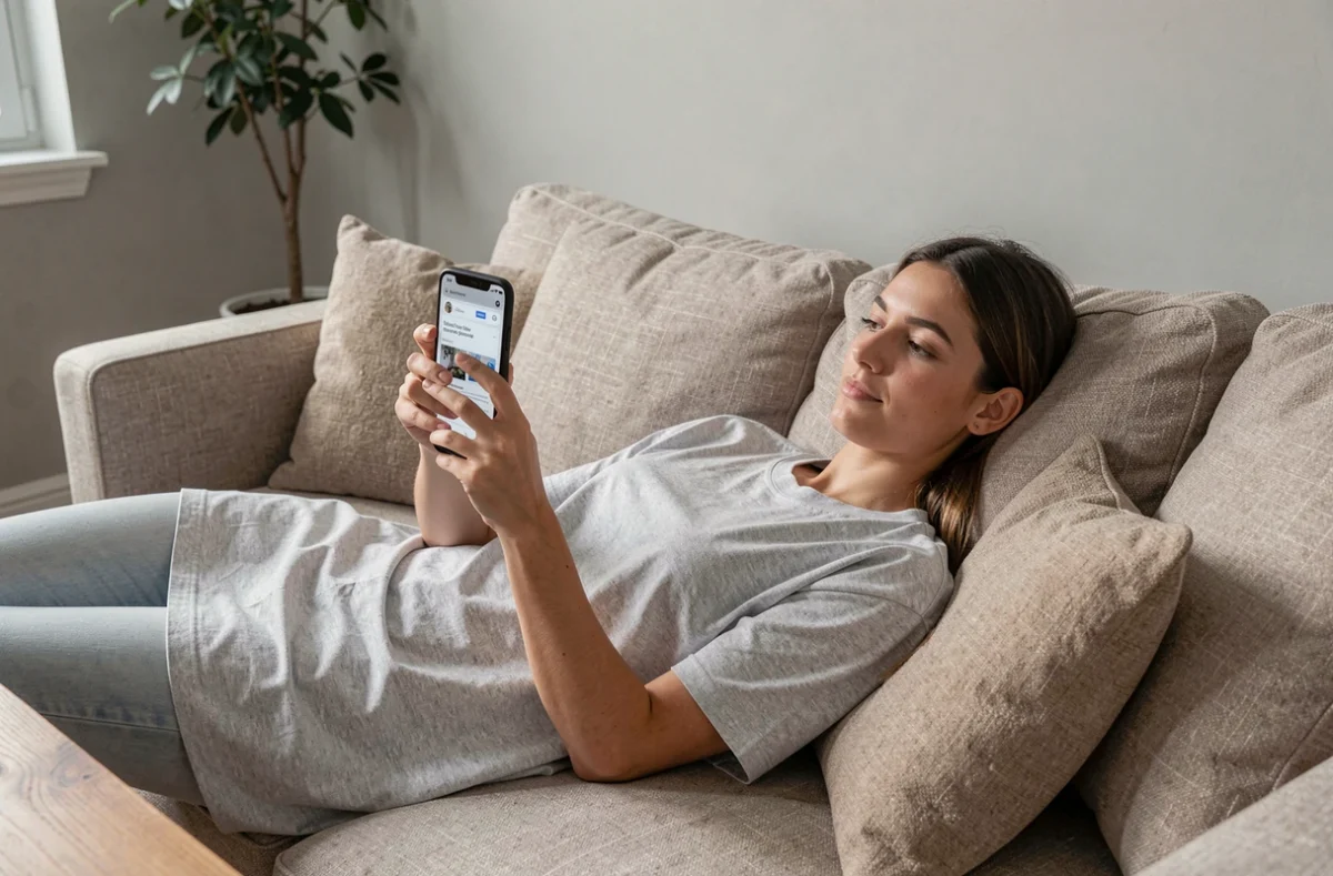 Femme allongée sur un canapé consultant un site de films en streaming sur son téléphone mobile