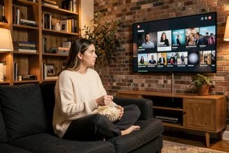 Femme regardant une plateforme de streaming légale sur sa télévision dans un salon cosy