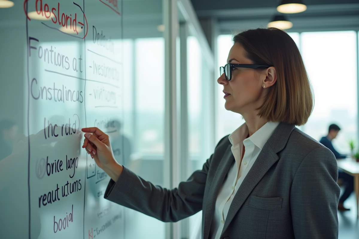 Femme devant un tableau blanc avec diagrammes de logique et erreurs de raisonnement annotées en bureau moderne