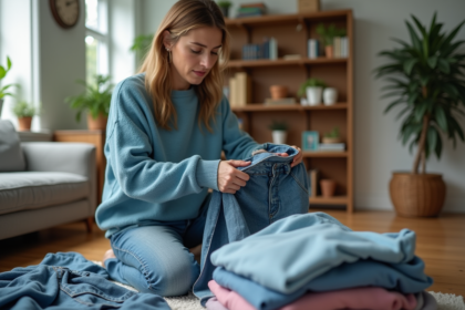 Femme triant des vêtements dans son salon
