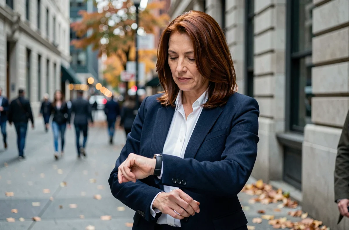 Femme en ville regardant sa montre indiquant 12h12, instant de prise de conscience de l'heure miroir dans la rue