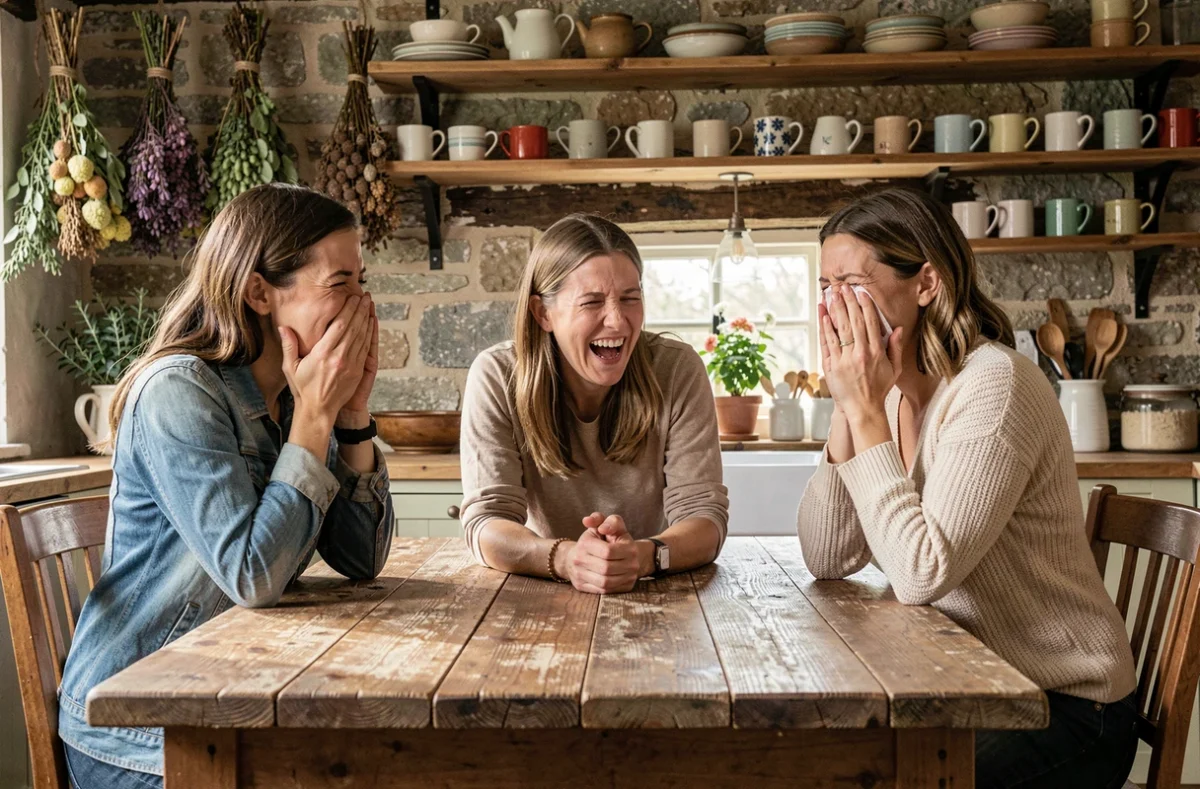 Trois femmes riant ensemble autour d'une table de cuisine rustique, partageant une blague dans une ambiance conviviale et chaleureuse