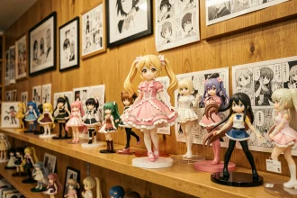 Figurine de collection anime représentant un personnage féminin en robe rose à froufrous sur une étagère de fan de manga