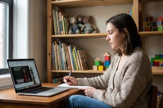 Jeune femme studieuse devant son ordinateur à la maison