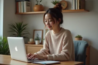 Jeune femme concentrée sur son ordinateur portable à la maison