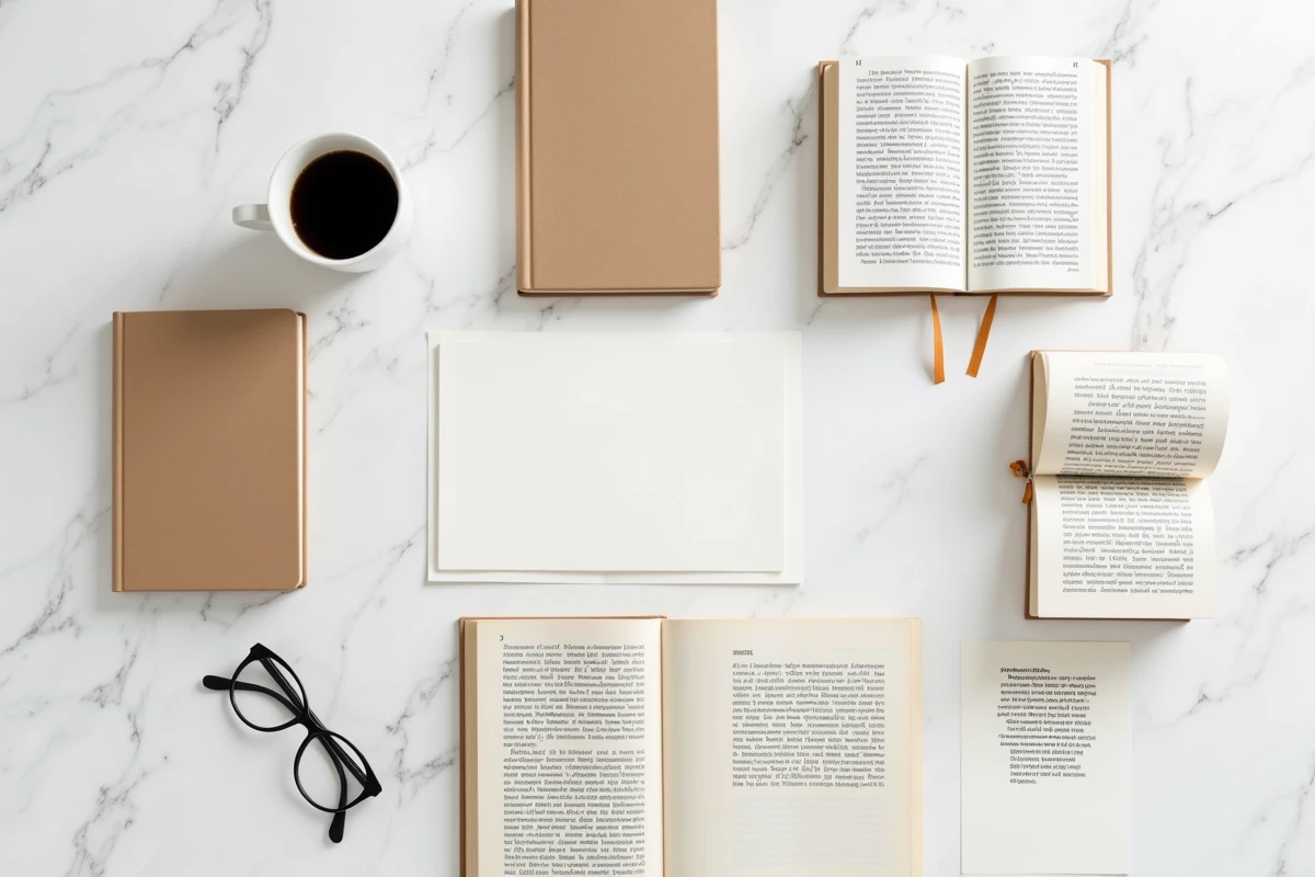Vue aérienne d'une composition éditoriale avec livres ouverts, lunettes et tasses à café sur marbre blanc