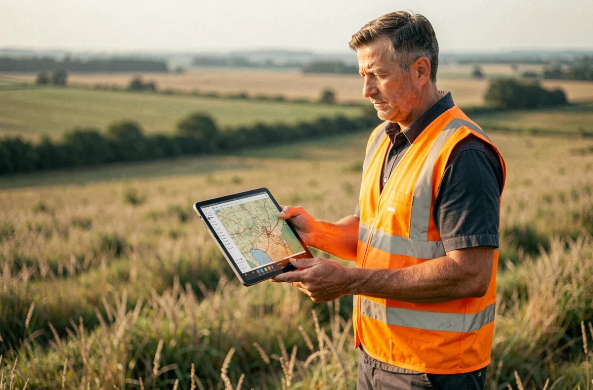 Géomètre professionnel sur le terrain consultant une carte topographique pour mesurer une superficie en hectares