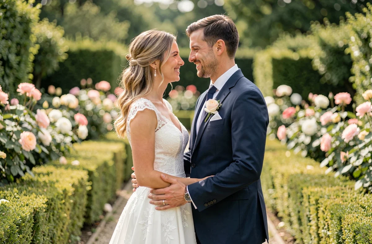 Couple de mariés souriants dans un jardin fleuri à Meximieux, photographiés par GK Photographe