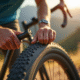 Gros plan sur des mains gonflant une chambre à air de vélo en plein air