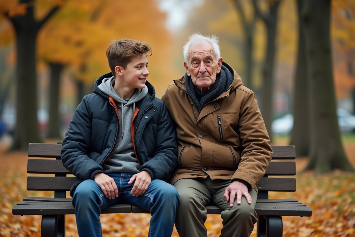 Grand-père et adolescent assis sur un banc dans un parc