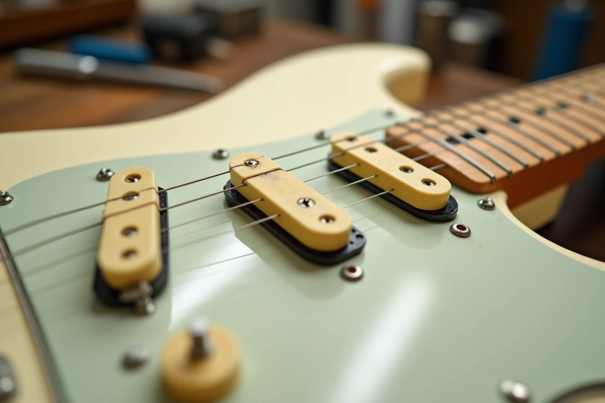 Gros plan sur les micros Samarium Cobalt Noiseless montés sur le pickguard blanc d'une Fender Stratocaster