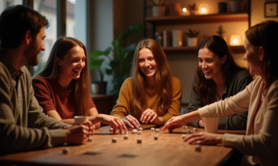 Groupe d'amis souriants jouant au jeu 421 autour d'une table en bois