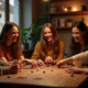 Groupe d'amis souriants jouant au jeu 421 autour d'une table en bois
