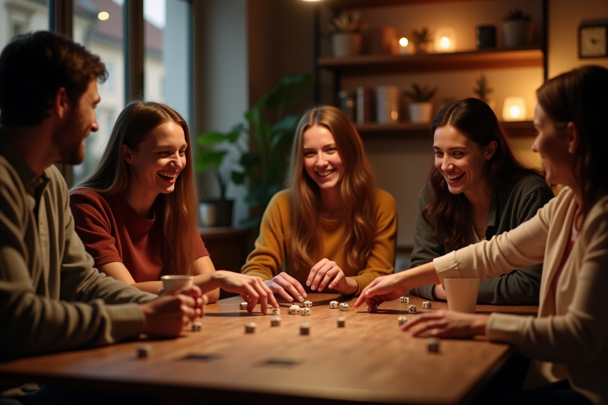Groupe d'amis souriants jouant au jeu 421 autour d'une table en bois
