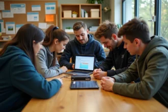 Groupe de jeunes et adultes autour d'une table en atelier énergie