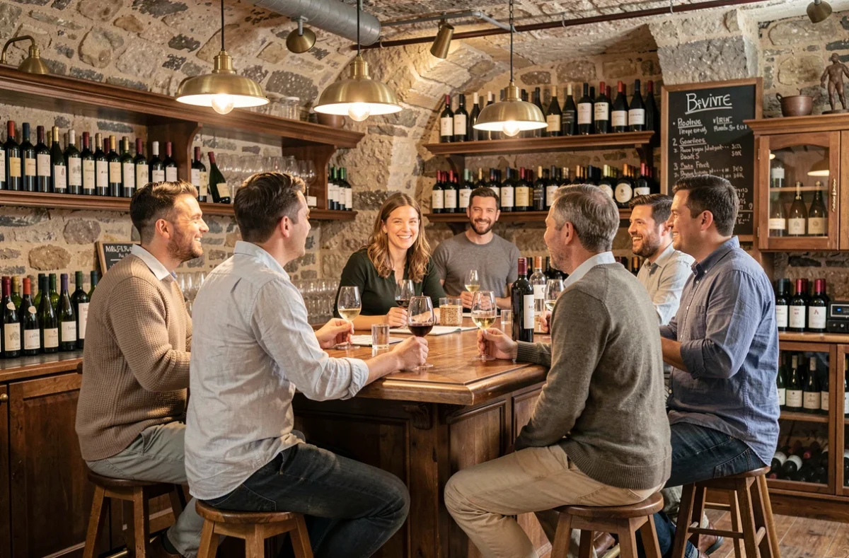 Groupe de personnes discutant dans un bar à vins parisien typique, illustrant l'ambiance conviviale d'un meetup ou d'une sortie organisée via OVS Paris