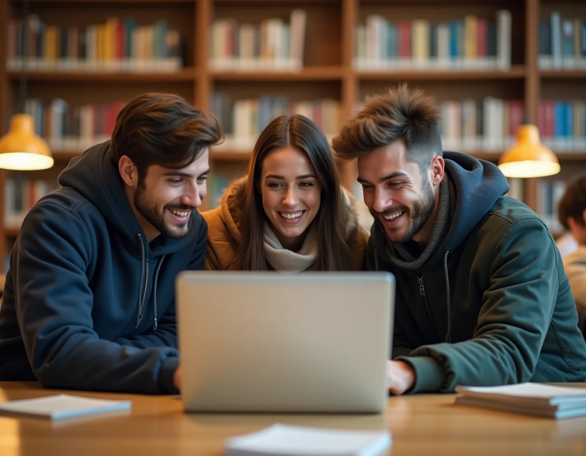 Trois jeunes adultes discutent ensemble du nouveau lien Faljam dans une bibliothèque universitaire