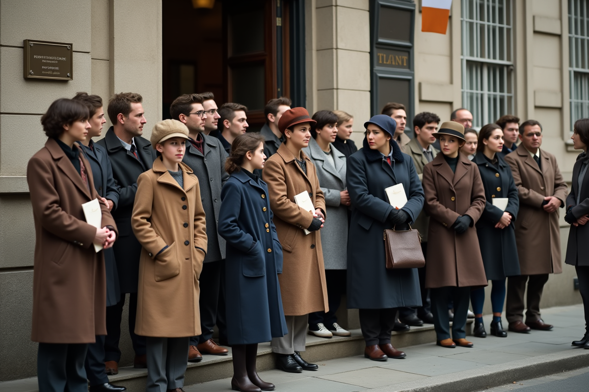 Familles et jeunes devant un bureau gouvernemental en 1965