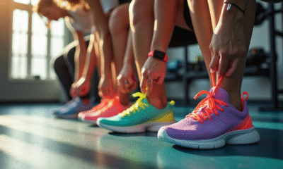 Groupe de femmes nouant leurs lacets de baskets colorées