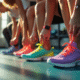 Groupe de femmes nouant leurs lacets de baskets colorées