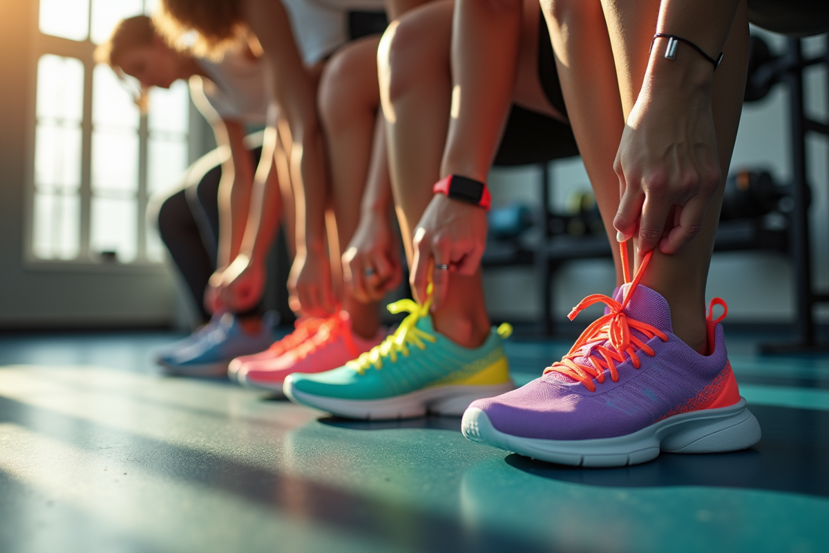 Groupe de femmes nouant leurs lacets de baskets colorées
