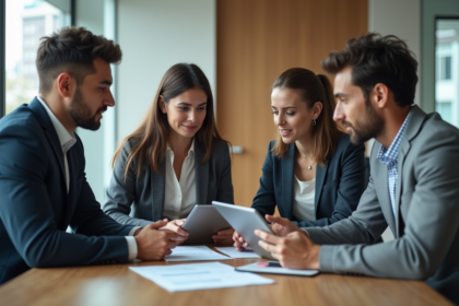 Groupe de quatre adultes en réunion dans un bureau moderne