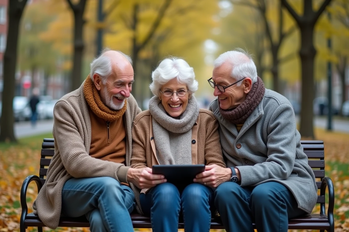 Groupe de seniors partageant une tablette dans un parc