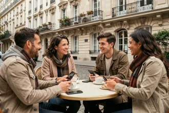 Groupe de jeunes adultes réunis en terrasse parisienne autour d'un café, illustrant une sortie organisée via une plateforme de rencontres sociales à Paris
