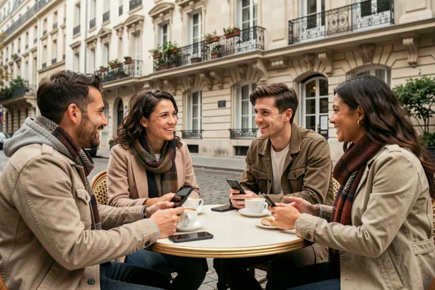 Groupe de jeunes adultes réunis en terrasse parisienne autour d'un café, illustrant une sortie organisée via une plateforme de rencontres sociales à Paris