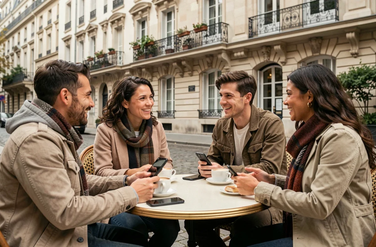 Groupe de jeunes adultes réunis en terrasse parisienne autour d'un café, illustrant une sortie organisée via une plateforme de rencontres sociales à Paris